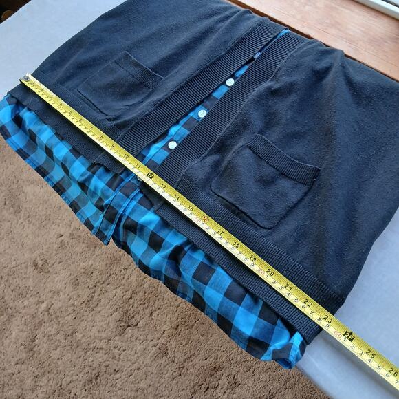 GNW Indigo Teal Layered Look Cardigan Blouse L plaid pintuck tunic roll sleeve - Picture 12 of 16